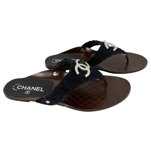 CHANEL Interlocking CC Logo Quilted Thong Sandals EU 39 US 8.5-9 Navy Blue Flats - Picture 2 of 15